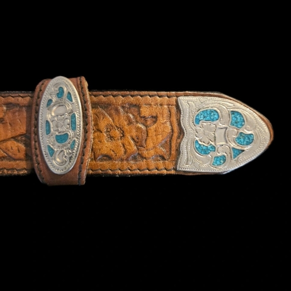 Tooled Cowboy Leather Brown Belt with Turquoise Silver Accent (Add Your Buckle) - Picture 2 of 7